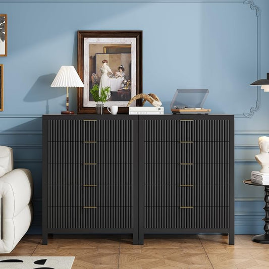 5 Drawer Dresser, 43" Tall Dresser Organizer TV Drawer Cabinet Modern Wood Storage Cabinet, Modern Wood Storage Cabinet for Bedroom, Hallway, Entryway, Black Oak X 2