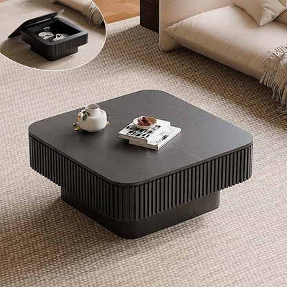 Square Small Coffee Table with Storage, Modern Wooden Coffee Table with Solid Wood Veneered, Fluted Center Table Drum Tea Table for Living Room Apartment, 31.5''L×31.5''W×14''H