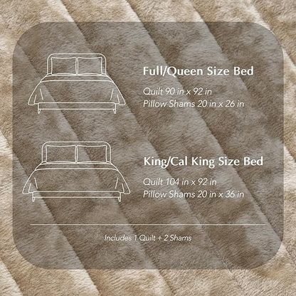 EVERGRACE Velvet Quilt Set King Size, Luxurious Soft Striped Channel Bedding Set, Lightweight Velvet Comforter for All Season, Oversized Bedspread Coverlet with 2 Matching Shams, Beige Taupe