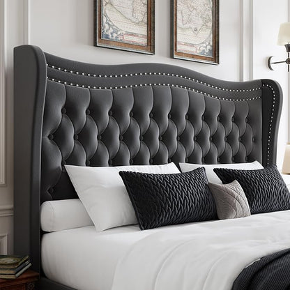 Upholstered Full Size Bed Frame with Tall Headboard, Velvet Wingback Platform Bed Frame with Deep Button Tufted, No Box Spring Needed, Noise Free, Grey