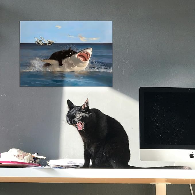 BFKDKG Framed Black Cat Wall Art, Abstract Black Cat Shark Poster, Funny quirky cat and shark pictures canvas prints Wall Decor for Room Bedroom Living Room Bathroom 12x16in