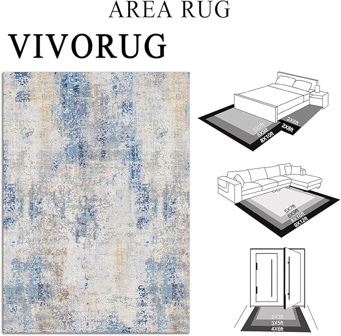 3x5 Rug, Small Area Rug for Living Room, Bedroom, Kitchen, Machine Washable Non-Slip Throw Rug, Modern Abstract Carpet for Entryway Nursery Coffee Table, Blue Ivory Yellow