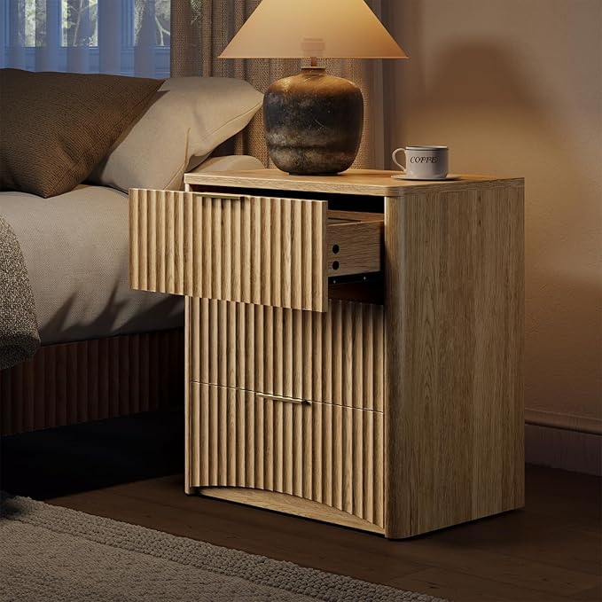 Evermagin Fluted Nightstand Set of 2, Natural Oak Bedside Table with 3 Drawers, Wood End Table with Storage Mid Century Modern, Large Night Stand for Bedroom