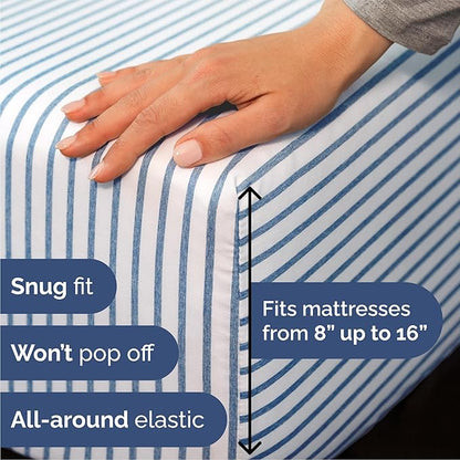 Queen 6 Piece Sheet Set - Cooling, Comfy & Breathable - Hotel Luxury Bedding, Includes Fitted Sheet for Women, Men, Kids & Teens - 1 Flat, 1 Fitted Sheet, 4 Pillowcases w/Deep Pockets - Blue Stripes