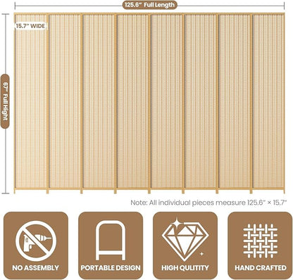 8 Panel Room Divider and Extra Wide Folding Privacy Screen, 126" W x 67" H, Bamboo Room Divider for Room Separation