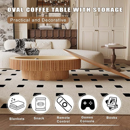 Oval Coffee Table with Storage, Modern Wooden Coffee Table with Solid Wood Veneered, Fluted Center Table Drum Tea Table for Living Room Apartment, 47.2''L×23.6''W×14.2''H