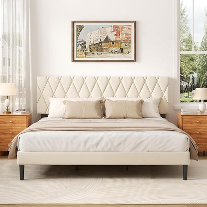 King Size Bed Frame with Diamond Tufted Headboard, Velvet Upholstered Platform Bed and Wooden Slat Support, Noise-Free, No Box Spring Needed, Easy Assembly, Beige