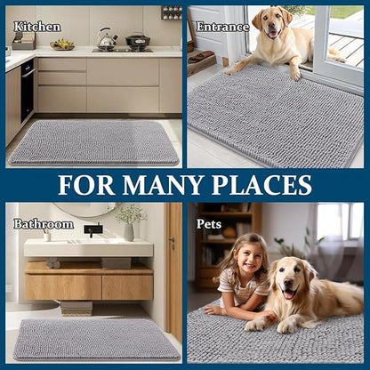 OLANLY Dog Door Mat for Muddy Paws 47x24, Absorbs Moisture and Dirt, Absorbent Non-Slip Washable Doormat, Quick Dry Chenille Mud Mat for Dogs, Entry Indoor Entryway Carpet for Inside Floor, Light Grey