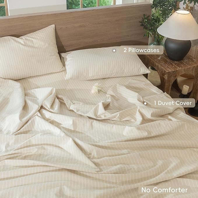 MooMee Striped Duvet Cover Set 100% Washed Cotton Linen Like Textured Breathable Durable Soft Comfy (Almond Milk Grey White Wide Stripes, Alaska King 132"x120")