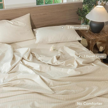 MooMee Striped Duvet Cover Set 100% Washed Cotton Linen Like Textured Breathable Durable Soft Comfy (Almond Milk Grey White Wide Stripes, Super King 108"x98")