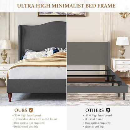 koorlian Full Upholstered Bed, Soft Chenille Sleigh Platform Bed Frame with Wingback Tall Headboard, Retro Minimalist/No Box Spring Required/Easy Assembly, Grey