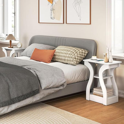 Giantex Narrow End Tables with Charging Station Set of 2, Wood Sofa Side Tables with Open Storage Shelves, Bedside Tables with USB Ports & Outlets, Modern Nightstands for Living Room, Bedroom, White