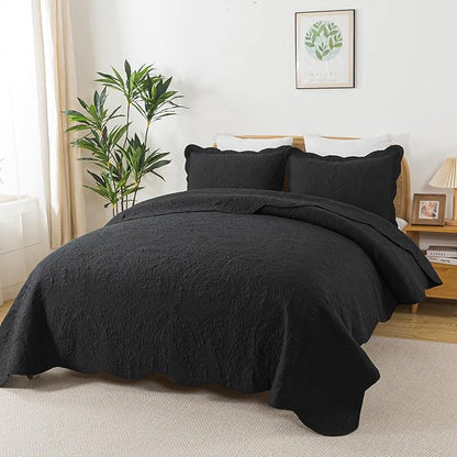 HoneiLife Queen Quilt Bedding Set - Microfiber Quilt Sets for Queen Bed, 3-Piece Lightweight Bedspreads,Reversible Coverlets Rustic Bedlinen Sets, Floral Bedding Set All Season Quilts-Black