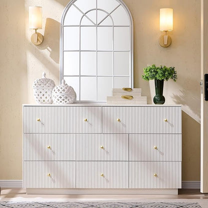 Fluted Dresser for Bedroom, 55" W White 8 Drawer Dressers, Wood Tall Dresser Storage Organizer, Modern Bedroom Chest of Drawer with Deep Storage for Closet Hallway, Entryway, Living Room White