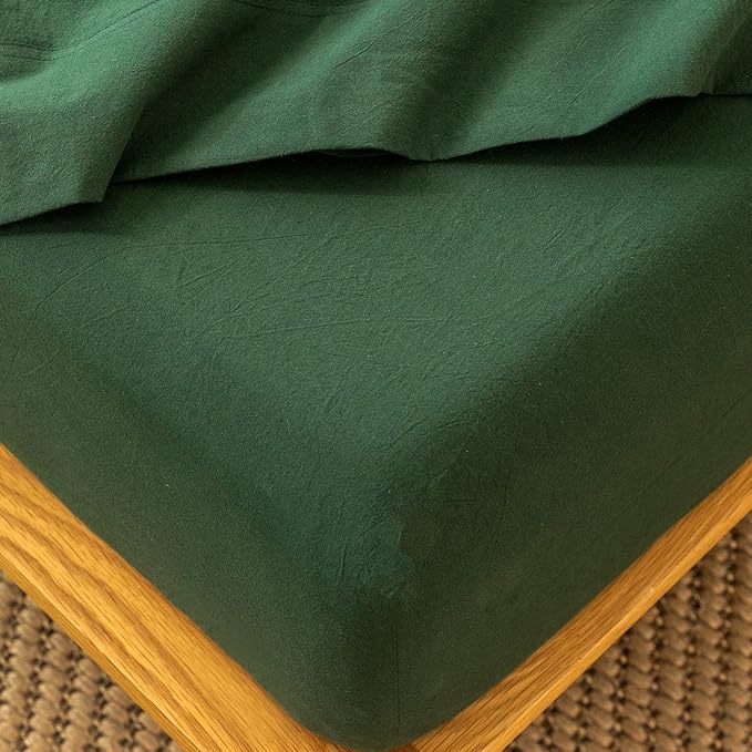 MooMee Fitted Bottom Sheet Only 100% Washed Cotton Linen Like Textured Breathable Durable Soft Comfy Deep Pocket Fits Mattress up to 17" (Forest Green, Twin)