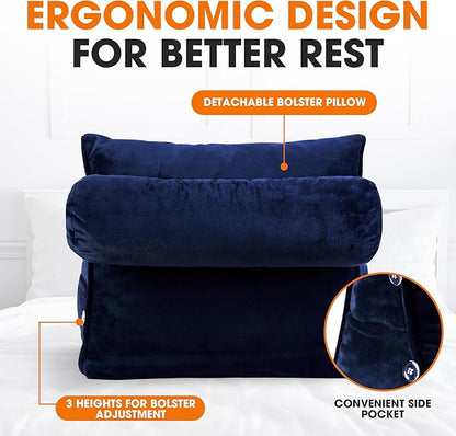 Cheer Collection Reading Wedge Pillow – TV Pillow with Adjustable Bolster Pillow, Memory Foam Back Support for Couch & Bed, Pillow Chair for Bed, Reading Pillows for Adults & Kids, Navy Blue