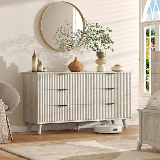 Lulive Wood Dresser for Bedroom with 6 Drawers, 53.2" Long Fluted Modern Chest of Drawers Storage Organizer, Dressers TV Stand for Living Room, Closet, Hallway (White Oak)