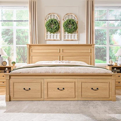 Farmhouse King Size Bed Frame with 51" Tall Headboard, Wood Platform Bed Frame with 20" Tall Roman Column Decoration Footboard & 3 Large Storage Drawers, No Box Spring Needed (Natrual)