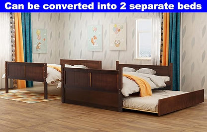 STERXONE Best Thicken Solid Wood Full Over Full Bunk Bed with Trundle, Luxurious Bunk Bed Frame Full Size with Safety Guard Rail and Ladder, Convertible to 2 Beds for Adults, Teens (Walnut)