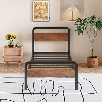 12 Inch Twin XL Bed Frames with Wooden Headboard and Footboard, No Box Spring Needed, Heavy Duty Metal Mattress Foundation, Noise Free, Easy Assembly, Black