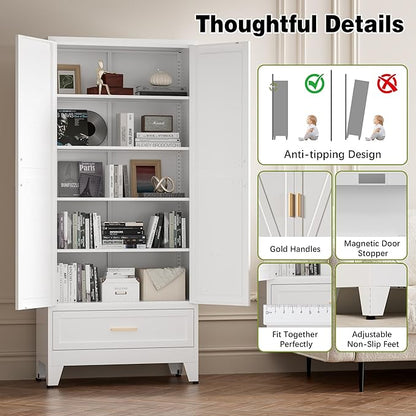 COFaR Metal Storage Cabinet, Farmhouse Storage Cabinet with 2 Doors and 4 Adjustable Shelves - 71" White Kitchen Pantry Storage 5-Tier Tall Steel Cabinets Locker for Kitchen, Living Room, Dining Room