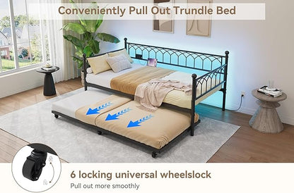 GarveeHome Daybed with Trundle, Metal Twin Trundle Bed with Charging Station & LED Lights, Sofa Beds Frame with Pull Out Bed for Living Room, Guest Room, Apartment, Small Spaces, Black