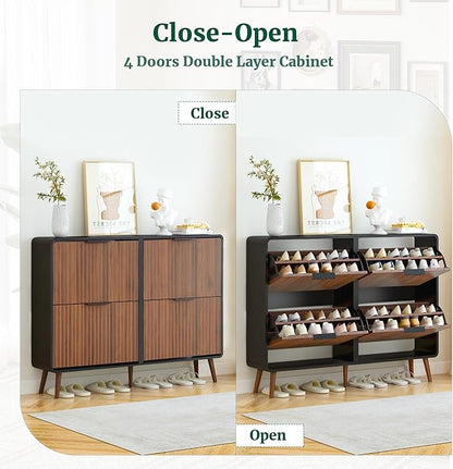 47" Fluted Large Shoe Cabinet with 4 Flip Drawers, Slim Freestanding Shoe Cabinet Organizer, Narrow Shoes Storage Rack for Entryway, 5 Sturdy Legs (Walnut with black, 9.45"D x 47.24"W x 35.83"H)