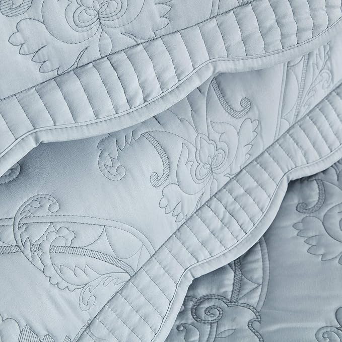 CHIXIN Bedspread Coverlet Quilt Set Full Size - Lightweight Bedding Cover - Beautiful Stitching - 5 Piece Reversible Bedspread - Gorgeous Damask Paisley Pattern (Full, Light Grey)