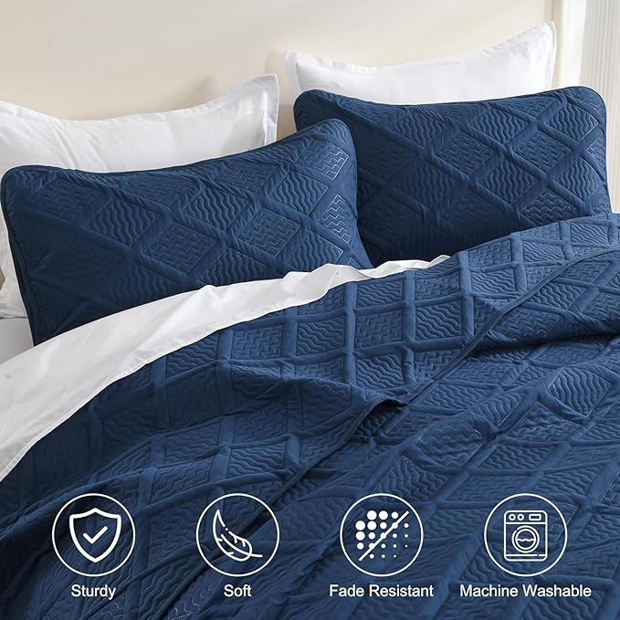Yiran Navy Blue Quilt Set King Size Fall Bedspreads Embossed Diamond Pattern 3 Piece Soft Microfiber Coverlet Set for All Season with 2 Pillow Shams (106x96 Inch)