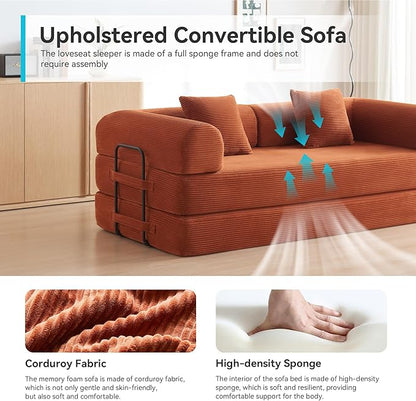 Convertible Sleeper Sofa with 2 Pillow, Modern Corduroy Futon Bed, Modular Sofa with Pull-Out Bed, Love Seat Sleeper for Living Room, Small Space Apartment, Office