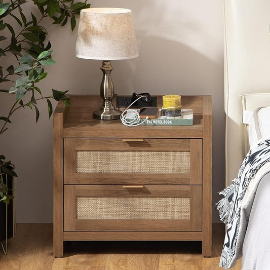 SICOTAS Rattan Nightstand End Table - Night Stand Bedside Table with Type-C Charging Station, 2 Drawers Storage - Boho Night Stands for Bedroom - Natural Oak