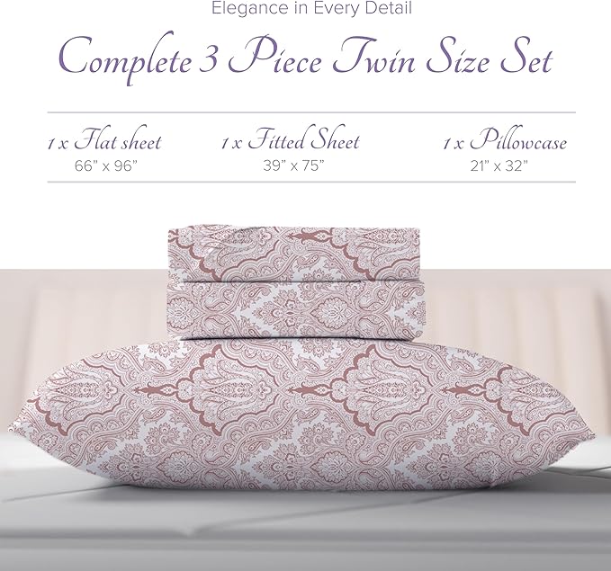 Carressa Linen 100% Egyptian Cotton Printed Bed Sheets - 600 Thread Count 3 PC Twin XL Sheet Set, Hotel Luxury Sateen Bedsheets, 16" Deep Pocket Cooling Sheets for Twin XL Size Bed - Paisley