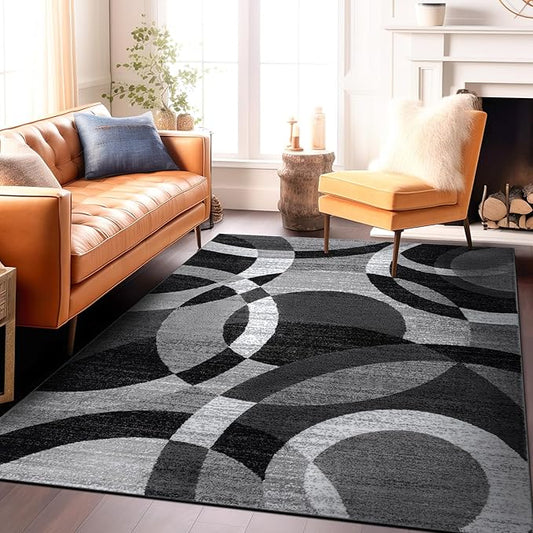 Rugshop Gray Modern Geometric Area Rug, Abstract Circles, High-Traffic, Non-Shedding, for Living Room, Bedroom and Home Office, 5'3" x 7'3"