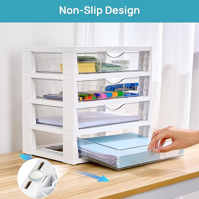 Vtopmart Clear Desk Organizer, 4-Tier Assemble Desktop File Organizer with Drawers, Office Desk Organization for Office Supplies