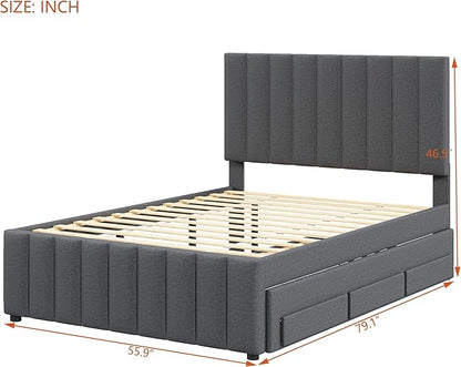 Bellemave Full Size Bed Frame with Twin Trundle Bed and Storage Drawers,Linen Upholstered Bed Frame,Full Size Trundle Bed with Adjustable Headboard for Kids Teens Adults,Gray