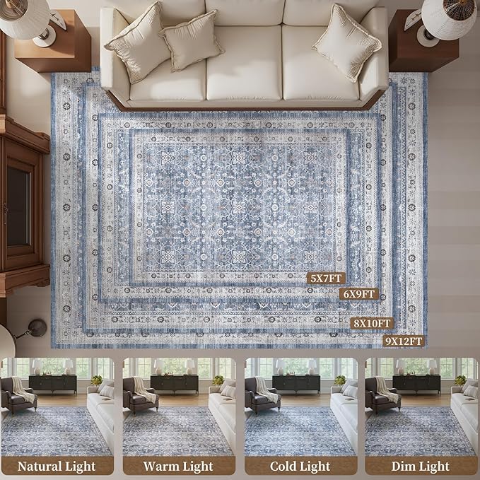 MontVoo-Vintage Area Rug 9X12 Blue Rugs for Living Room-Soft Distressed Printed Rugs for Bedroom-Non Slip Carpet-Machine Washable Rug for Dining Room Living Room Bedside Office