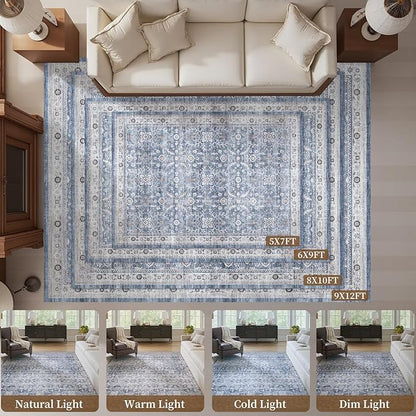 MontVoo-Vintage Area Rug 5X7 Blue Rugs for Living Room-Soft Distressed Printed Rugs for Bedroom-Non Slip Carpet-Machine Washable Rug for Dining Room Living Room Bedside Office