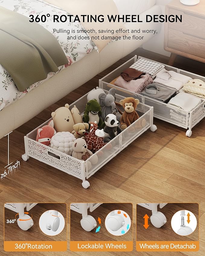 Under Bed Storage with Wheels, Foldable Pattern Carved Metal Under The Bed Storage, Tool-Free Assembly Under The Bed Storage Bins, 60L Underbed Storage for Bedroom Clothes Blankets Shoes Toys-4 Pack