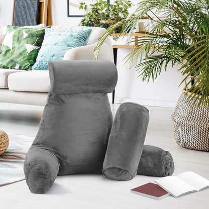 Nestl Reading Pillow with Shredded Memory Foam Includes 2 Neck and Lumber Support Pillows, Designed for Sitting Up in Bed and Couch, Back and Arms Adjustable Support for Adult & Teens, Dark Grey