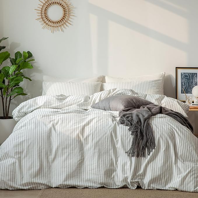 MooMee Striped Duvet Cover Set 100% Washed Cotton Linen Like Textured Breathable Durable Soft Comfy (White Dark Grey Wide Stripes, Full 80"x90")