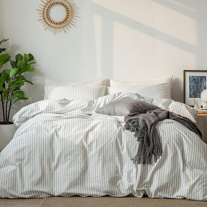 MooMee Striped Duvet Cover Set 100% Washed Cotton Linen Like Textured Breathable Durable Soft Comfy (White Dark Grey Wide Stripes, Palatial King/Oversized King 120"x98")