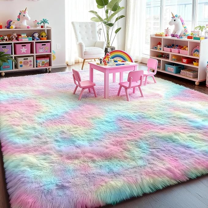 PAGISOFE Fluffy Soft Plush Washable Area Rugs for Girls Bedroom Shaggy Rugs for Kids Playroom Kawaii Princess Fuzzy Nursery Rug for Baby's Toddler's Room Cute Room Decor for Teenage 5x8 Ft Rainbow
