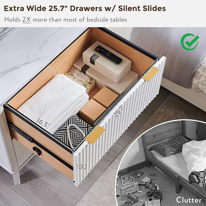 T4TREAM Fluted Night Stand Set 2, 30" Tall Bedside Table with 2 Drawers & Large Tabletop, Modern Wood Side Tables Bedroom, End Table for Living Room, White