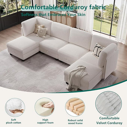 Modular Sectional Sofa with Adjustable Backrest, Convertible L/U-Shaped Sleeper Couch for Living Room, Cloud Sofa Bed Modern Reversible Design, White