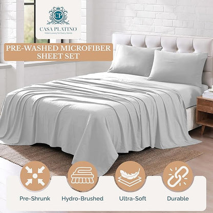 Casa Platino Queen Bed Sheet Set, Brushed Microfiber Bedding with 15” Deep Pocket Fitted Sheet, Pre-Washed & Fade Resistant, Soft Texture, Lightweight Queen Sheet Set for Everyday Use – Silver