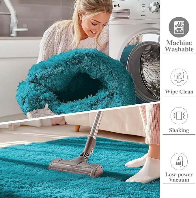 OLANLY 3x5 Machine Washable Small Bedside Rug, Soft Fluffy Shaggy Rugs for Living Room, Bedroom, Indoor Floor Carpet for Kids Girls and Boys, Preppy Dorms, Nursery, Home Decor Aesthetic, Teal