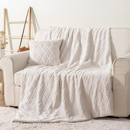 BATTILO HOME White Faux Rabbit Fur Blanket for Bed, Large Cream Faux Fur Throw Blanket 60"x80" with 1 Fur Pillow Cover 18"x18", Comfy Soft Cozy Mink Blanket for Couch