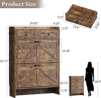 Shoe Storage Cabinet for Entryway, Farmhouse Narrow Shoe Cabinet with 2 Flip Drawers & Top Drawers, Adjustable Shelves & Hooks, Freestanding Hidden Rack Organizer for Hallway, Foyer