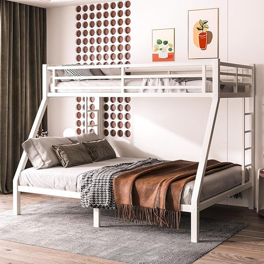 Twin XL Over Queen Bunk Bed Frame, Heavy Duty Metal Loft Bed for Adults/Teens, 350/600LB Capacity w/Ladder & Guardrail, Noise-Free Steel Slats, No Box Spring Required, White