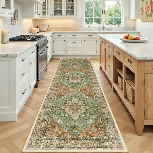 Area Rugs 3'x9' Washable Non-Slip, Floral Vintage Distress Print Pattern Medallion Carpet for Living Room Bedroom Dining Room, Brick Red Rust Neutral Brown Burnt Orange Green